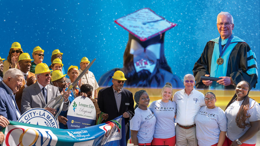 Collage of Dr. Nichols with students, at graduation and ribbon cutting.
