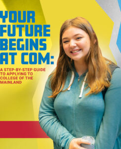 Young lady against a graphic yellow and blue background