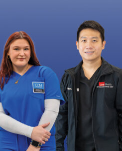 From left to right: Mario Garza, Amanda Respondek, Dat Nguyen and Wesley Felix all pose for portraits on a graphic.