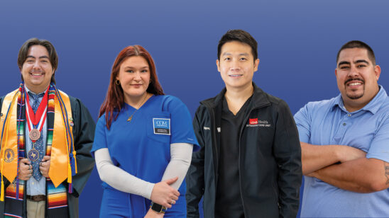 From left to right: Mario Garza, Amanda Respondek, Dat Nguyen and Wesley Felix all pose for portraits on a graphic.